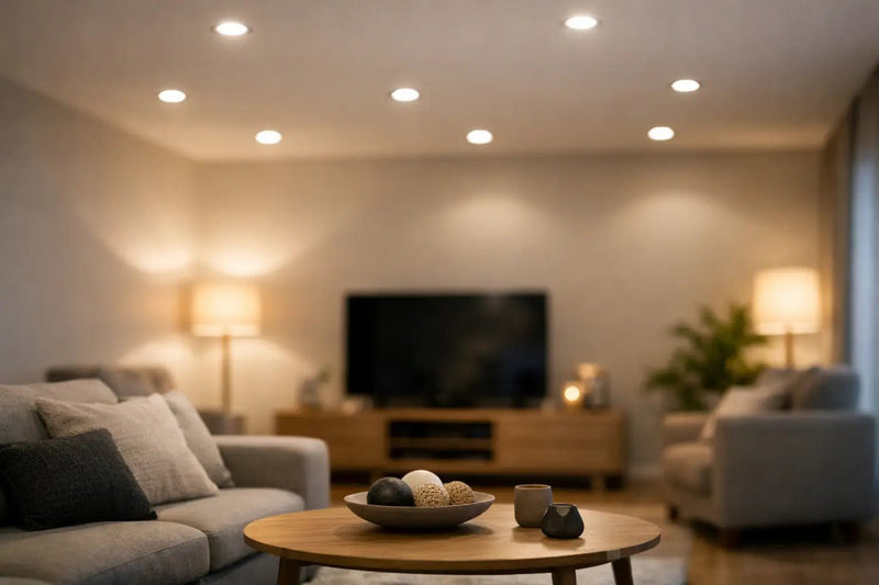 Living room lit by downlights alone, showing where they fall short