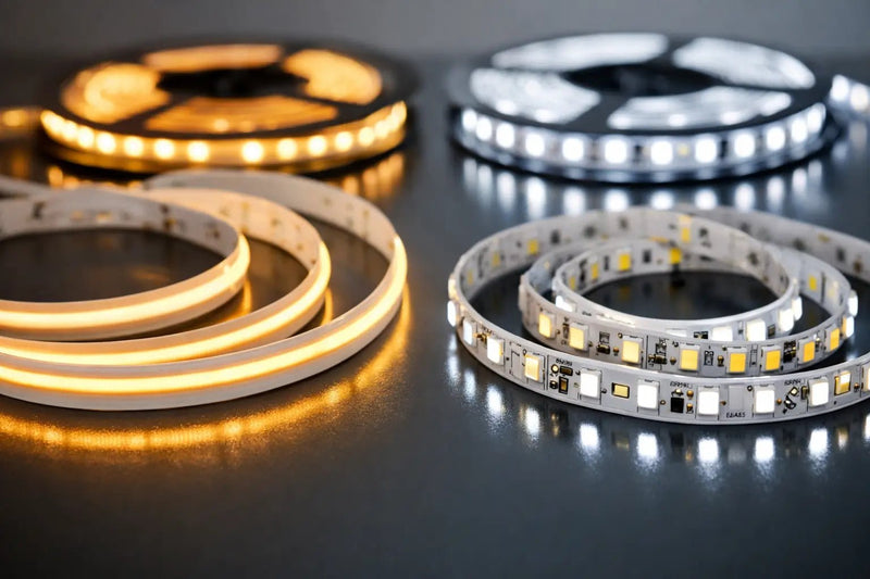 COB LED strip beside SMD LED strip, showing dotless versus visible diodes