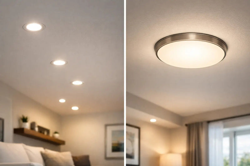 Recessed downlight compared with a surface ceiling light