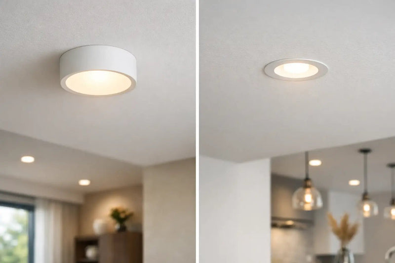 Surface-mounted downlight beside a recessed downlight