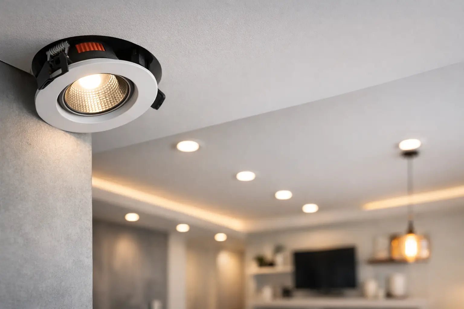 Downlights fitted into a false ceiling, showing spacing and beam spread