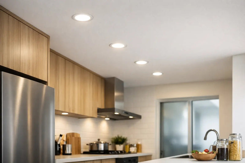 LED downlights above an HDB kitchen worktop