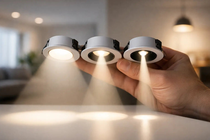 Downlight beam angles compared, narrow spot versus wide flood