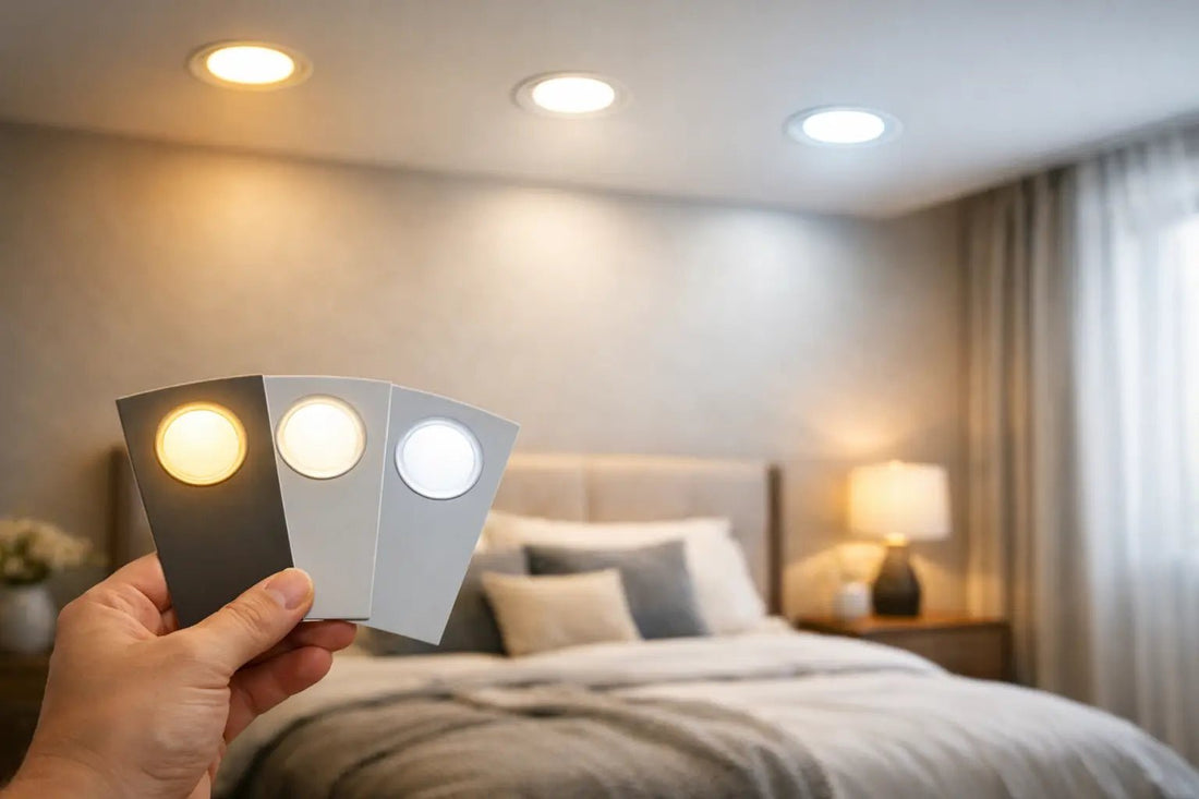 Bedroom lit with warm 2700K downlights, showing colour temperature choice
