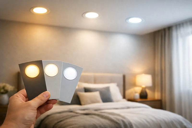 Bedroom lit with warm 2700K downlights, showing colour temperature choice