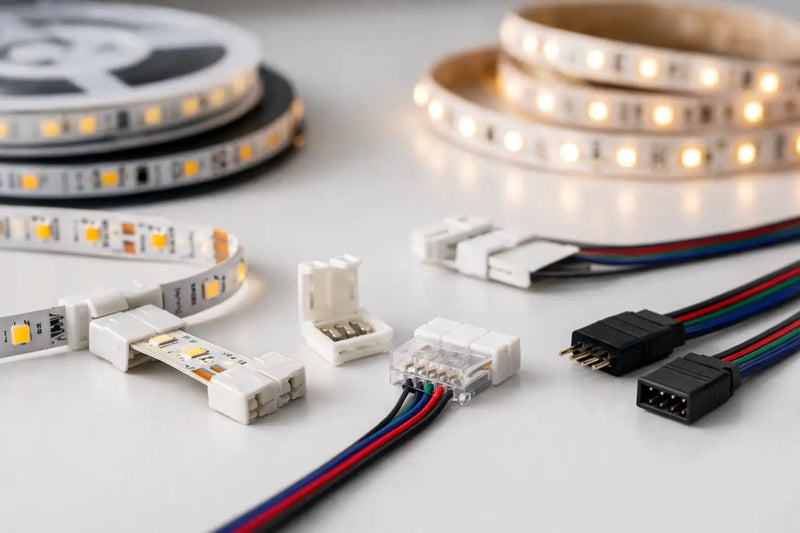LED strip connector types, clip, splice and corner connectors