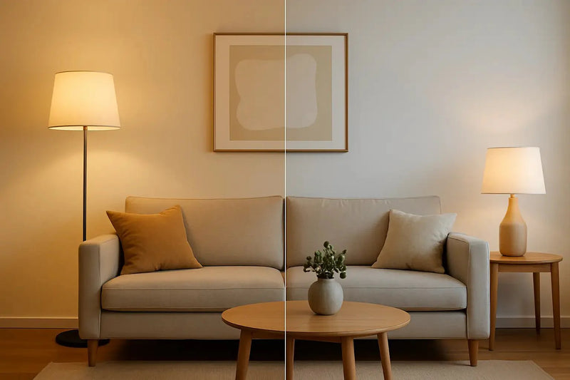 Living room lit at 2700K versus 3000K colour temperature